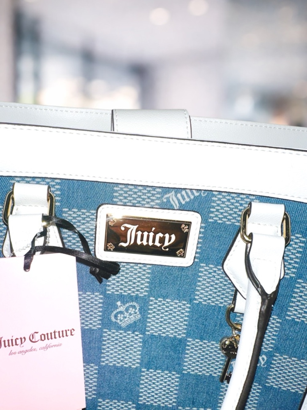 Juicy Couture denim Checkered Tote with White Trim and Gold Hardware - Picture 4 of 4